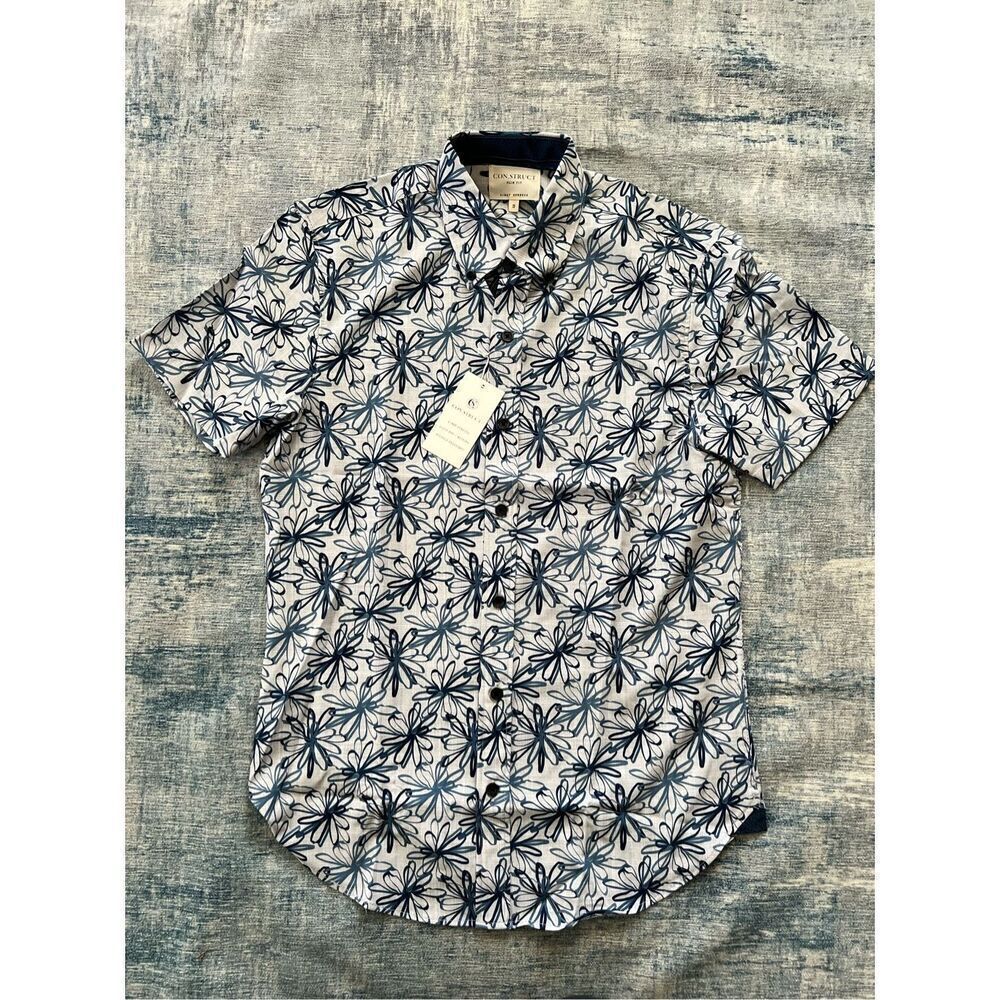 NWT! Con.Struct Blue Floral Print Slim Fit Button Down Short Sleeve Tee S
